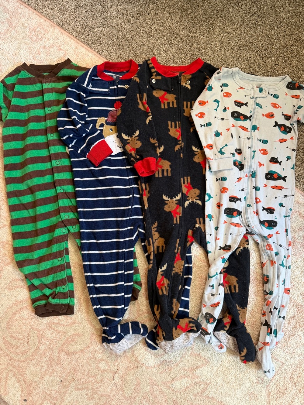 Kids One-Piece Footed Pajamas - Assorted Blue, Green, Black, White 18 Months